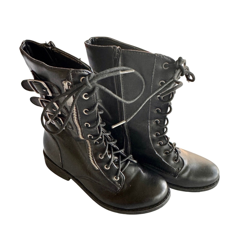 Bamboo Black Goth Combat Boots Buckle‎ Lace Up Mid Calf Side Zip Size 37 US 7
